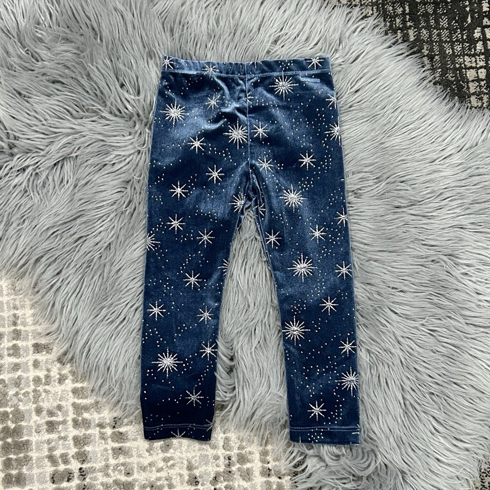 PEEK Girls Glitter Print Blue Velour Leggings With Silver Designs Si3 2T‎